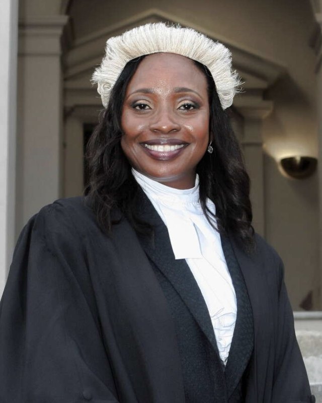Tricia Warner in barrister's robes and wig